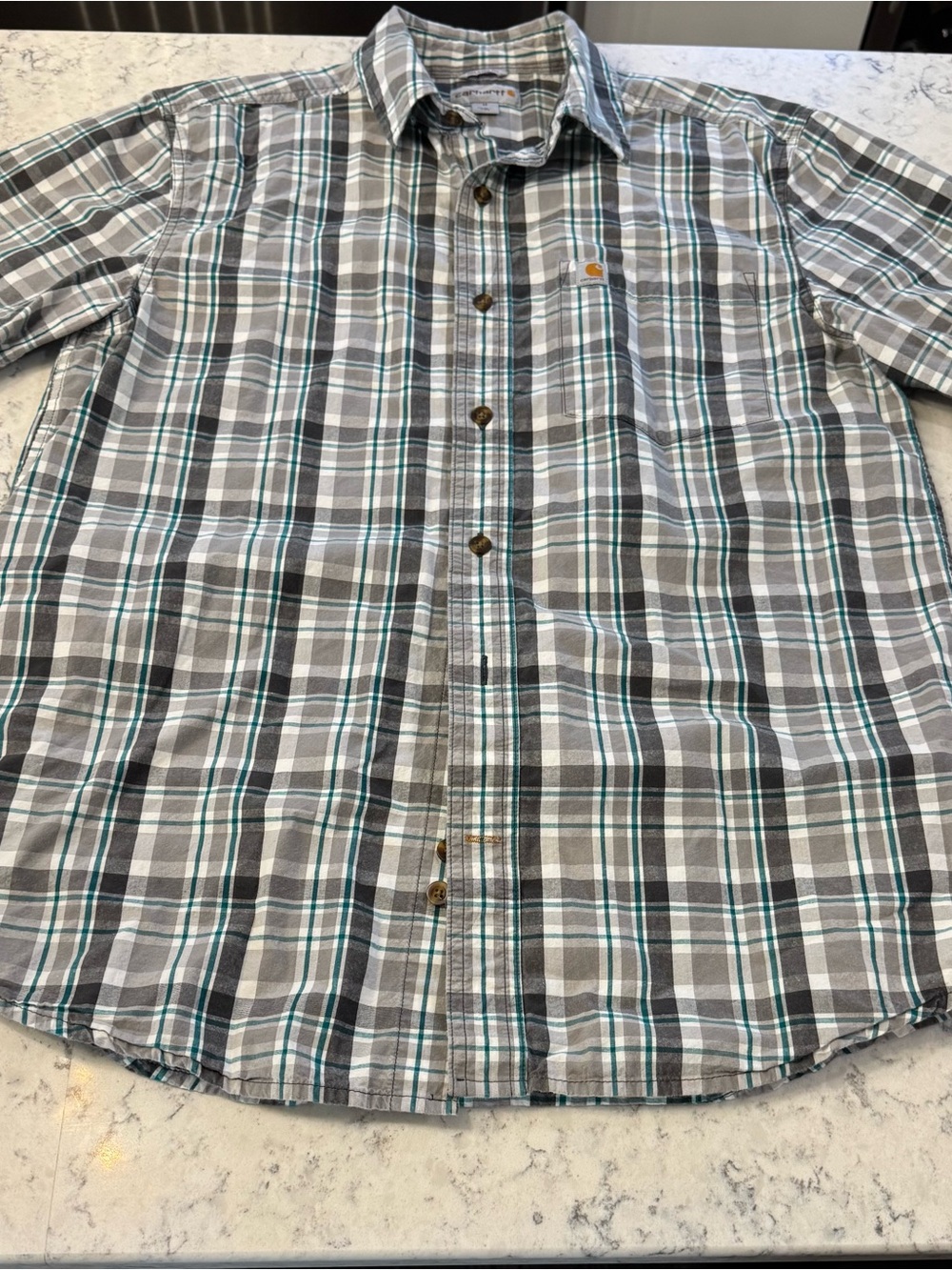 Carhartt Short-Sleeve Plaid Button-Down Shirt - Gray, Black, Green. Size Mens M - Picture 4 of 6